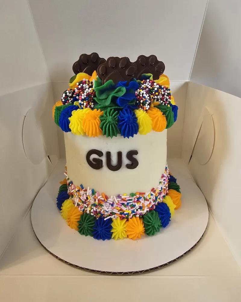 White birthday cake with GUS piped on it and a colourful ruffle border
