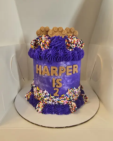 Purple birthday cake with HARPER IS 2 piped on it and a blue and gold ruffle border