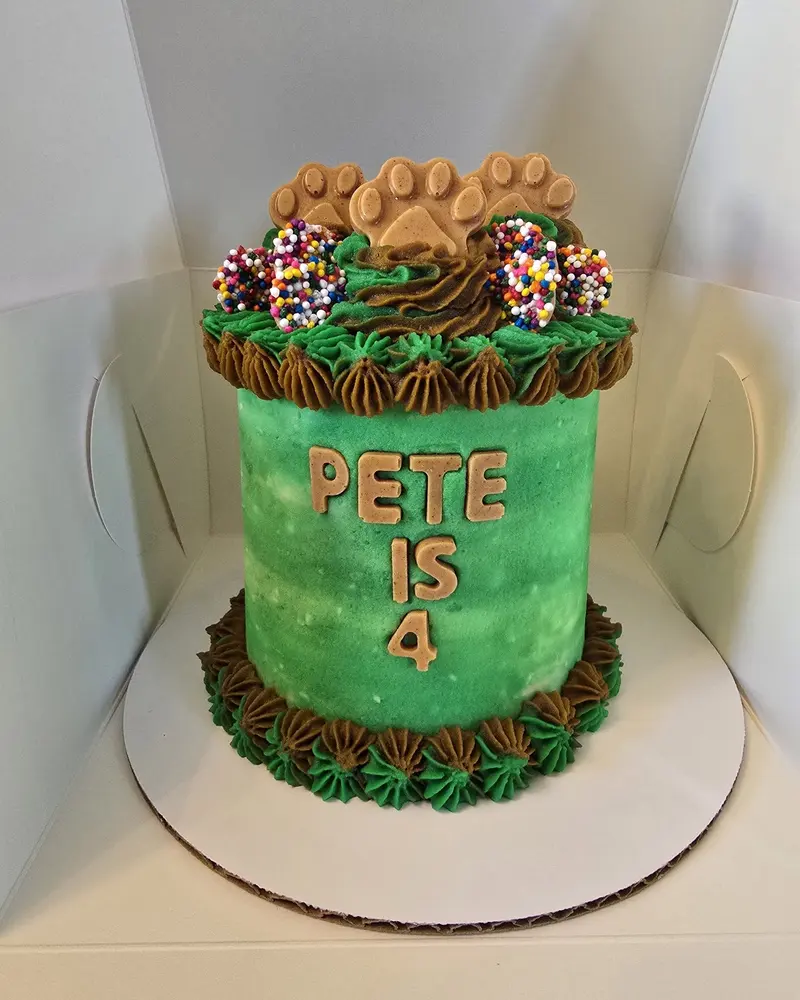 Green birthday cake with PETE IS 4 piped on it