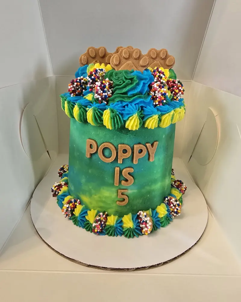 Green watercolour birthday cake with POPPY IS 5 piped on it and paw cookies on top