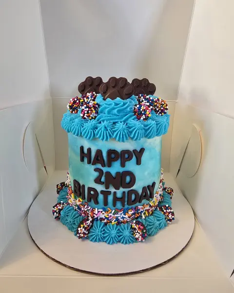 Blue birthday cake with HAPPY 2ND BIRTHDAY piped on it