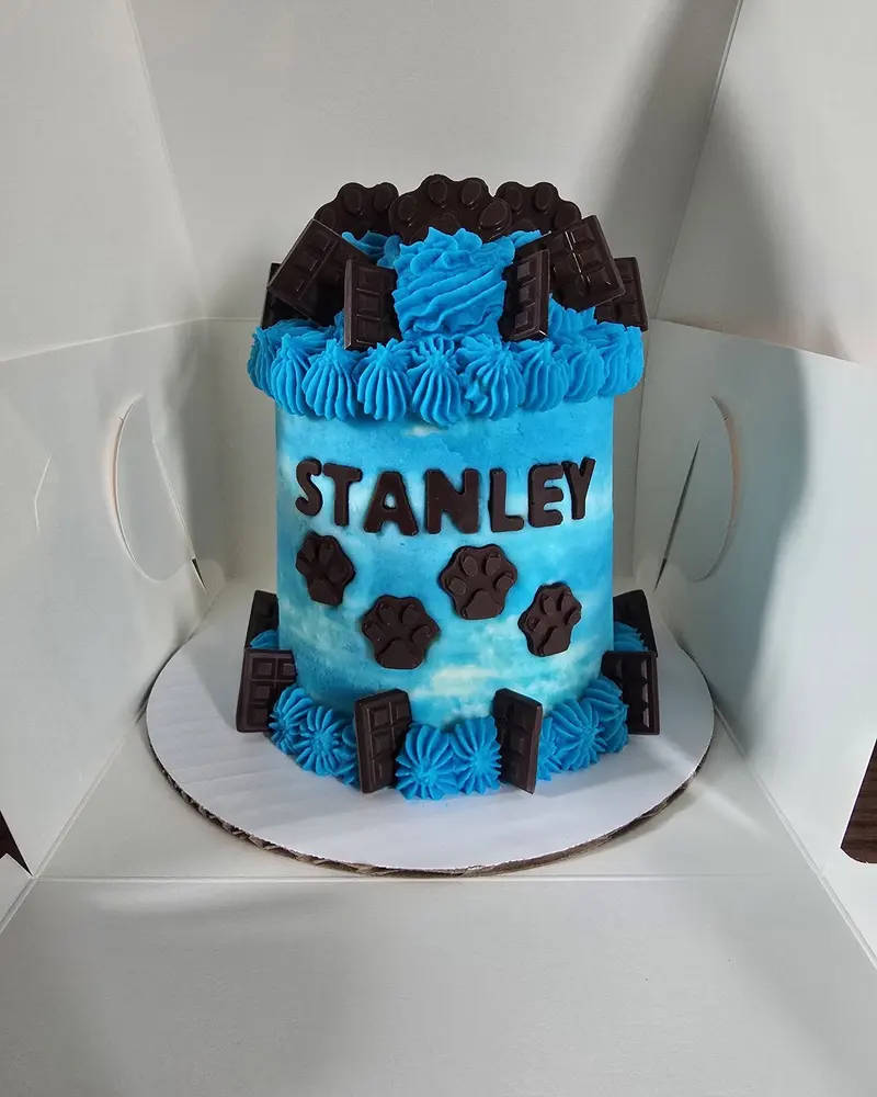 Blue birthday cake with STANLEY piped on it and chocolate-dipped sides