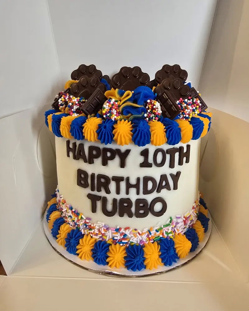 White birthday cake with HAPPY 10TH BIRTHDAY TURBO piped on it, blue and gold ruffles