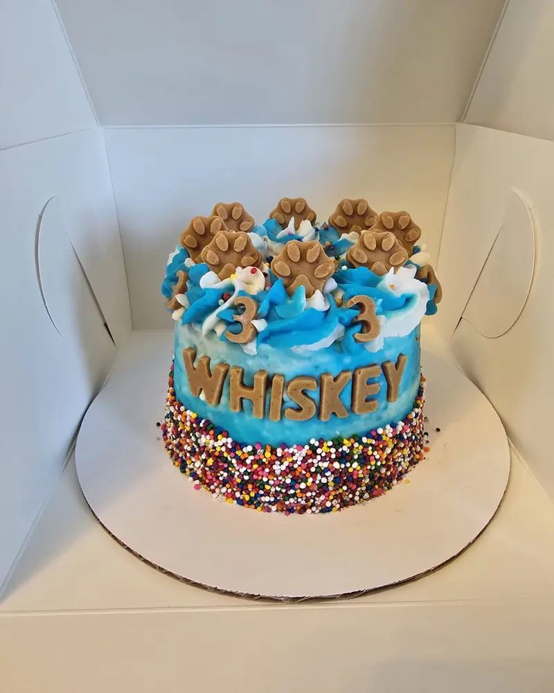 Blue birthday cake with WHISKEY piped on it and a sprinkle border