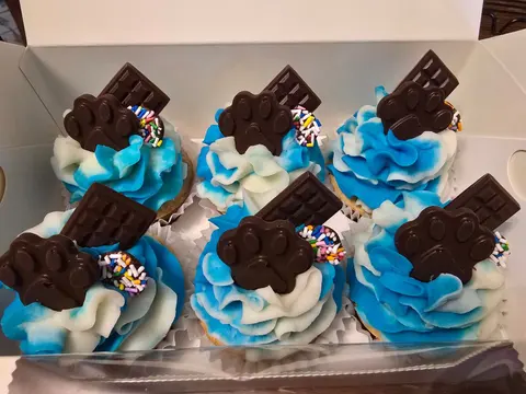 Box of pupcakes with blue and white frosting and chocolate paw toppers