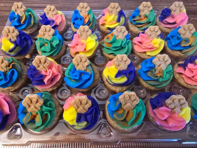 Tray of rainbow-coloured pupcakes with paw cookie toppers