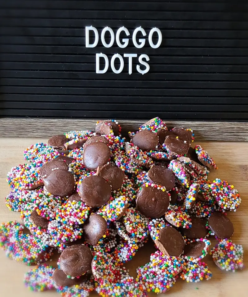 Doggo Dots, chocolate-style treats covered in sprinkles, in front of a Doggo Dots sign